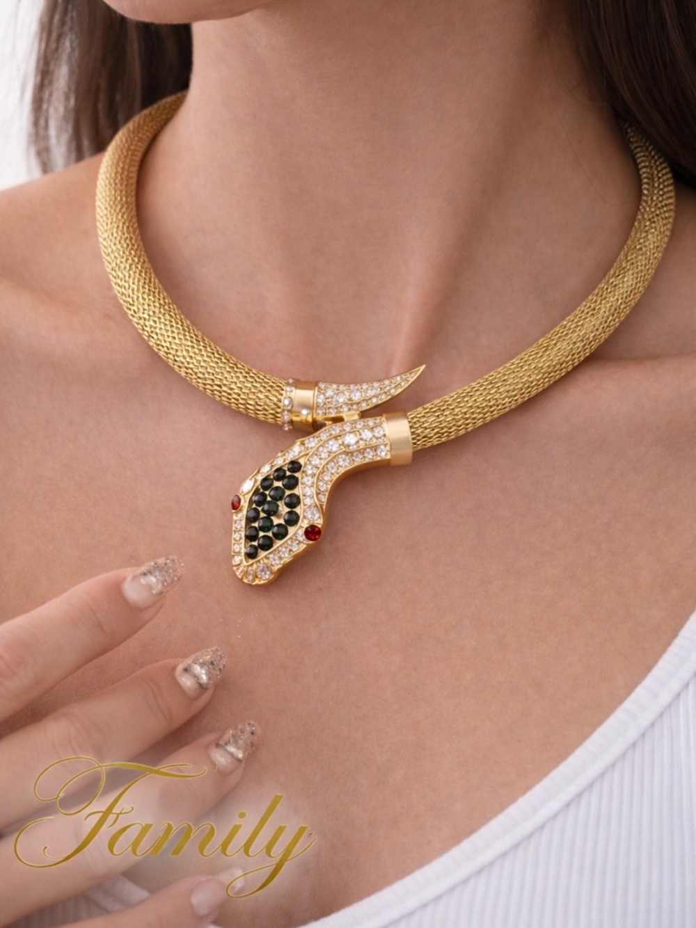Gold Snake Collar Necklace with Black & Red Accents
